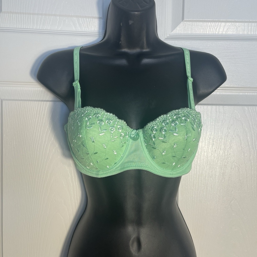 Honeydew‎ Bra Women 36C Green Embroidered Balconette Lightly Padded Back Closure